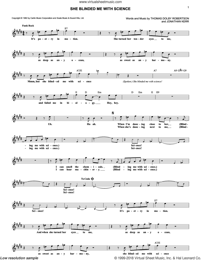 She Blinded Me With Science sheet music for voice and other instruments (fake book) by Thomas Dolby, Jonathan Kerr and Thomas Dolby Robertson, intermediate skill level