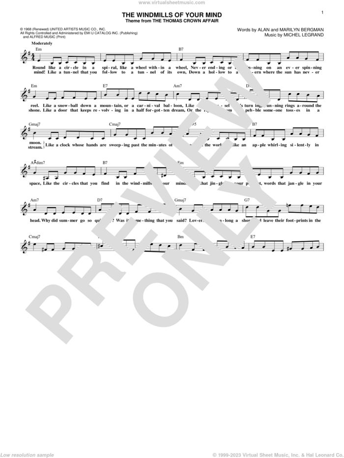 The Windmills Of Your Mind sheet music for voice and other instruments (fake book) by Michel Legrand, Alan Bergman and Marilyn Bergman, intermediate skill level