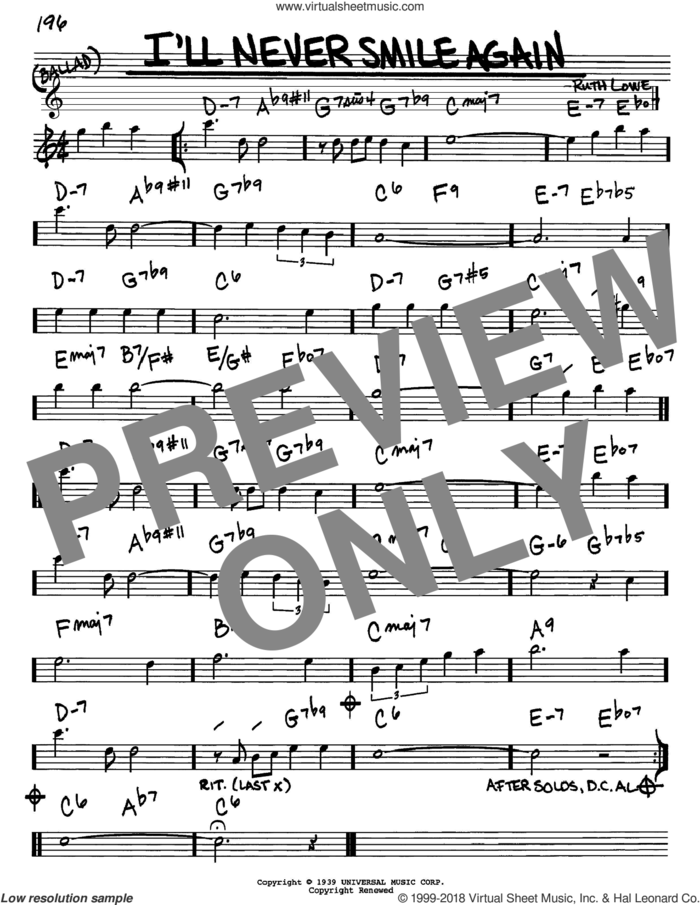 I'll Never Smile Again sheet music for voice and other instruments (in Eb) by Tommy Dorsey and Ruth Lowe, intermediate skill level