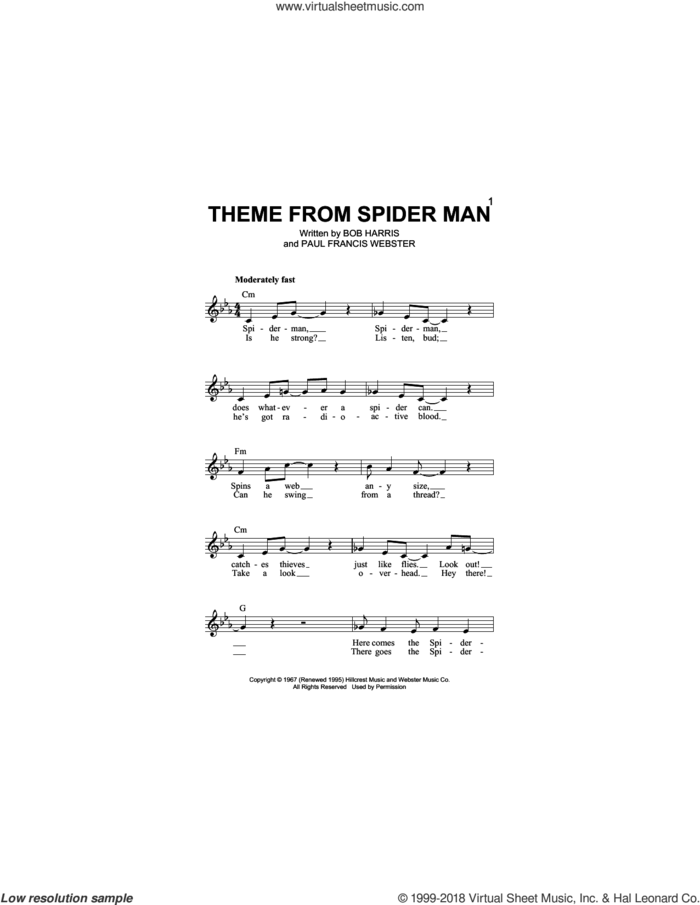 Theme From Spider-Man sheet music for voice and other instruments (fake book) by Paul Francis Webster and Bob Harris, intermediate skill level