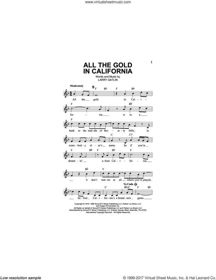 All The Gold In California sheet music for voice and other instruments (fake book) by The Gatlin Brothers and Larry Gatlin, intermediate skill level