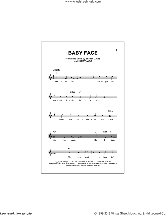 Baby Face sheet music for voice and other instruments (fake book) by Harry Akst, Bobby Darin, Little Richard and Benny Davis, intermediate skill level