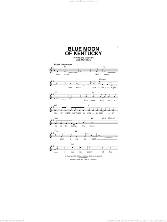 Blue Moon Of Kentucky sheet music for voice and other instruments (fake book) by Bill Monroe, Elvis Presley and Patsy Cline, intermediate skill level