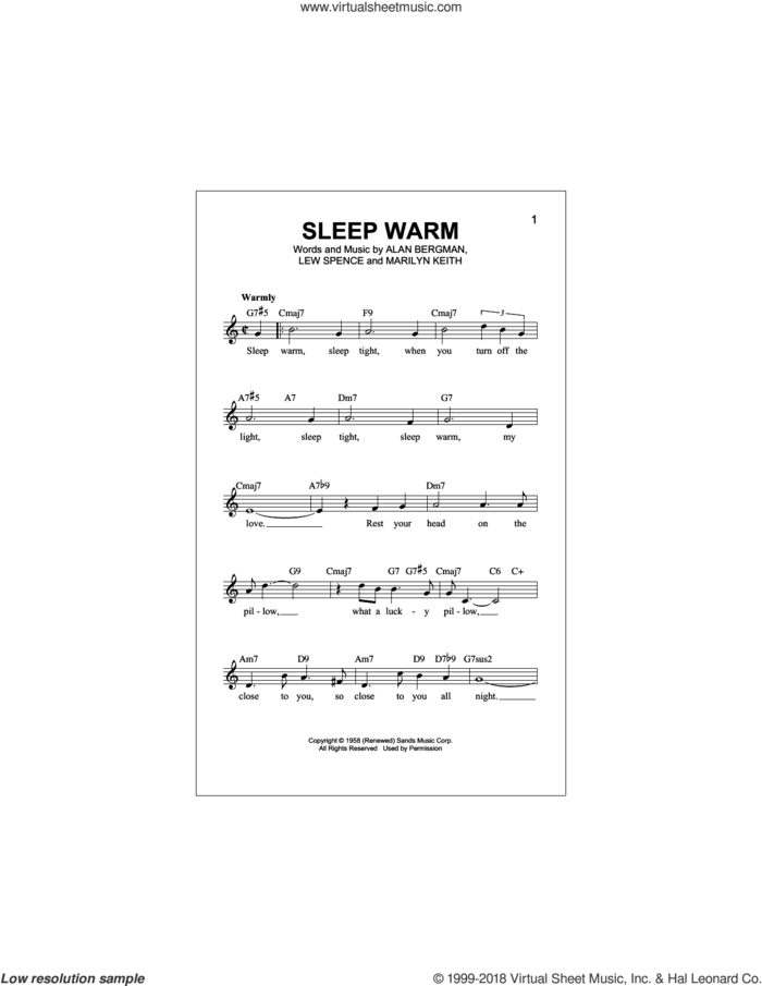Sleep Warm sheet music for voice and other instruments (fake book) by Alan Bergman, Lew Spence and Marilyn Keith, intermediate skill level
