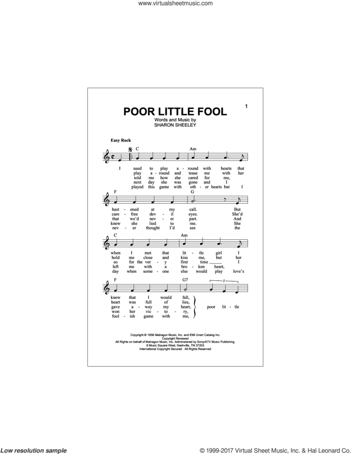 Poor Little Fool sheet music for voice and other instruments (fake book) by Ricky Nelson and Sharon Sheeley, intermediate skill level