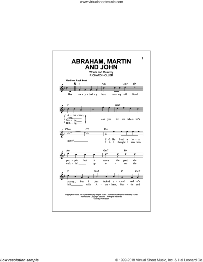 Abraham, Martin And John sheet music for voice and other instruments (fake book) by Dion, Tom Clay (medley) and Richard Holler, intermediate skill level