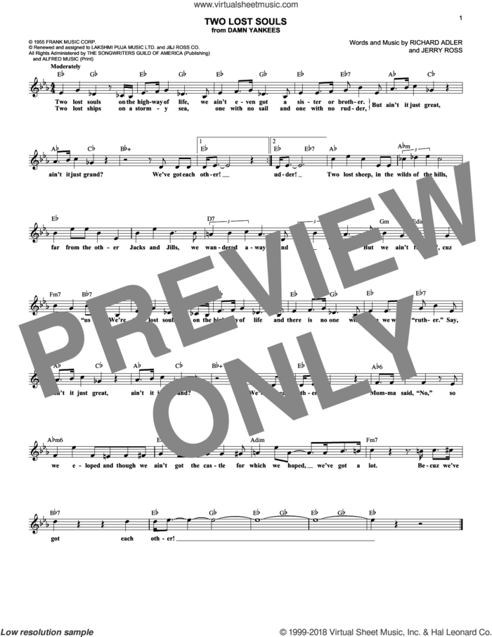 Two Lost Souls sheet music for voice and other instruments (fake book) by Richard Adler and Jerry Ross, intermediate skill level