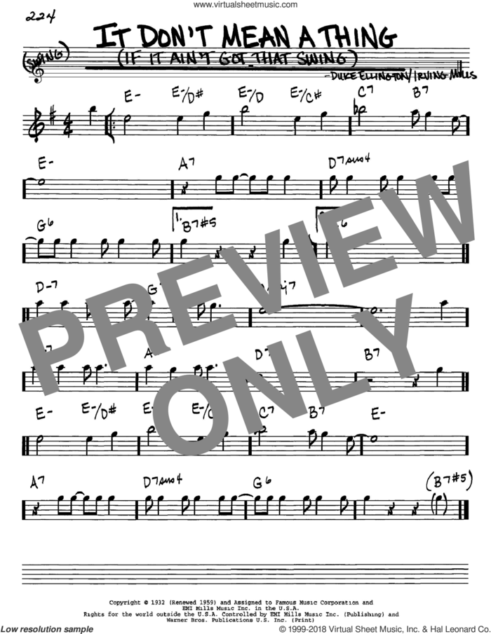 It Don't Mean A Thing (If It Ain't Got That Swing) sheet music for voice and other instruments (in Eb) by Duke Ellington and Irving Mills, intermediate skill level