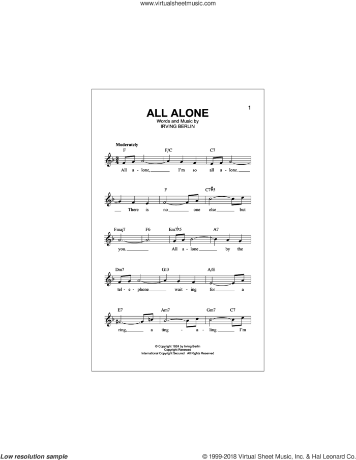 All Alone sheet music for voice and other instruments (fake book) by Irving Berlin, Al Jolson and Alice Faye, intermediate skill level