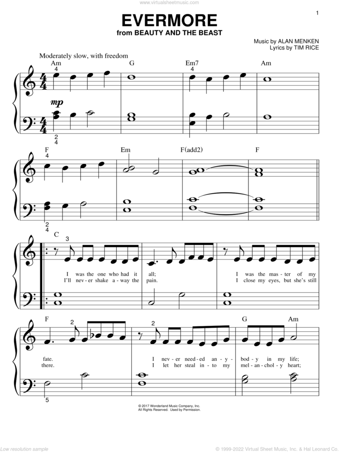 Evermore (from Beauty And The Beast) sheet music for piano solo (big note book) by Josh Groban, Alan Menken and Tim Rice, easy piano (big note book)