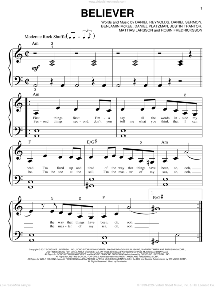 Believer sheet music for piano solo (big note book) by Imagine Dragons, Ben McKee, Dan Reynolds, Daniel Platzman, Justin Tranter, Mattias Larsson, Robin Fredriksson and Wayne Sermon, easy piano (big note book)