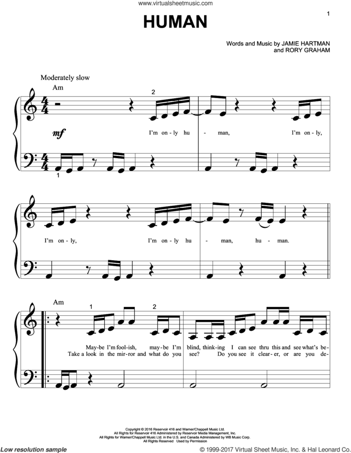 Human sheet music for piano solo (big note book) by Rag'n'Bone Man, Jamie Hartman and Rory Graham, easy piano (big note book)