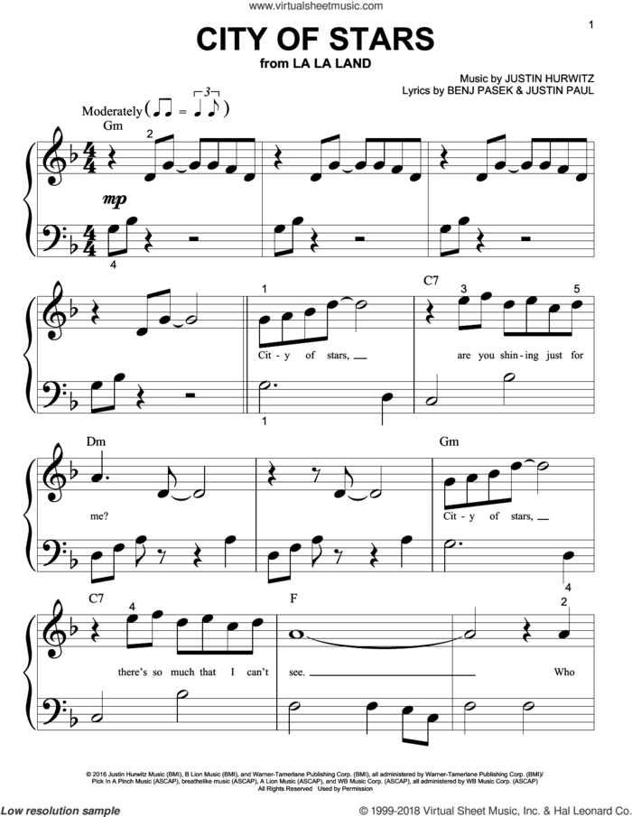 City Of Stars sheet music for piano solo (big note book) by Ryan Gosling & Emma Stone, Benj Pasek, Justin Hurwitz, Justin Paul and Pasek & Paul, easy piano (big note book)