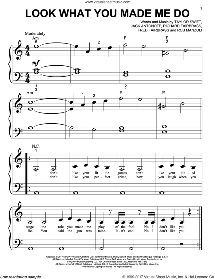 Look What You Made Me Do sheet music for piano solo (big note book) by Taylor Swift, Fred Fairbrass, Jack Antonoff, Richard Fairbrass and Rob Manzoli, easy piano (big note book)