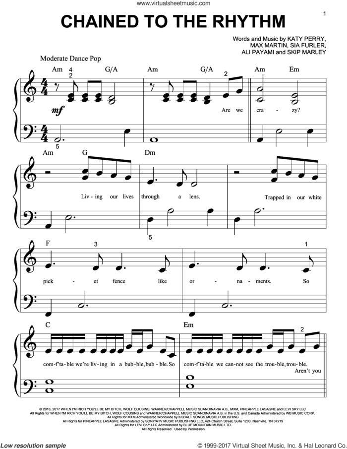 Chained To The Rhythm sheet music for piano solo (big note book) by Katy Perry, Ali Payami, Max Martin, Sia Furler and Skip Marley, easy piano (big note book)