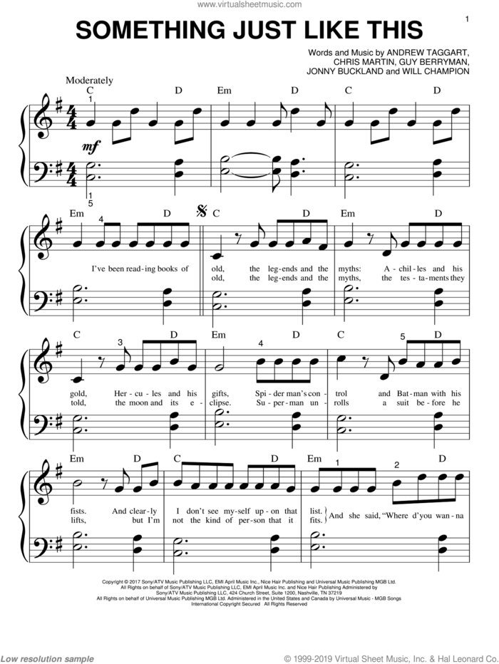 Something Just Like This sheet music for piano solo (big note book) by The Chainsmokers & Coldplay, Andrew Taggart, Chris Martin, Guy Berryman, Jonny Buckland and Will Champion, easy piano (big note book)