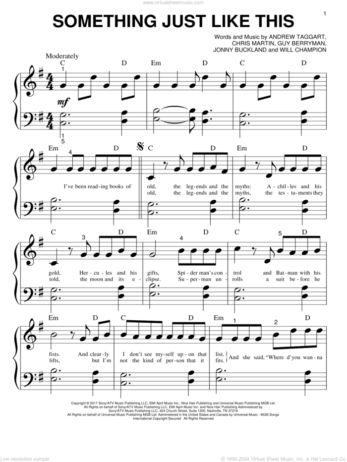 Something Just Like This sheet music for piano solo (big note book) by The Chainsmokers & Coldplay, Andrew Taggart, Chris Martin, Guy Berryman, Jonny Buckland and Will Champion, easy piano (big note book)