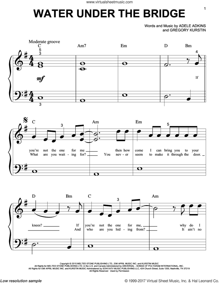 Water Under The Bridge sheet music for piano solo (big note book) by Adele, Adele Adkins and Gregory Kurstin, easy piano (big note book)