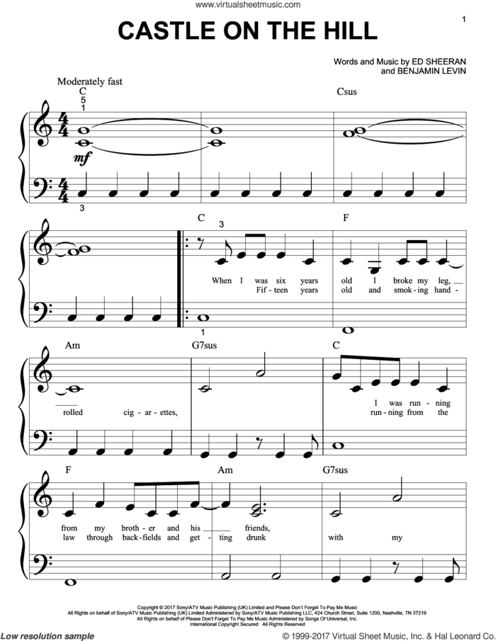 Castle On The Hill sheet music for piano solo (big note book) by Ed Sheeran and Benjamin Levin, easy piano (big note book)