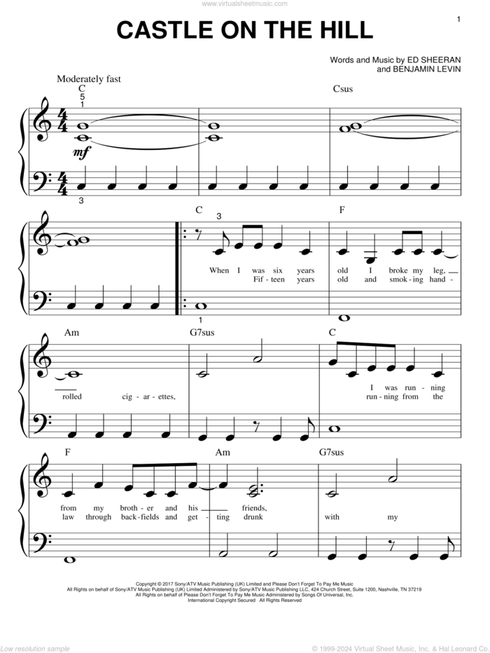 Castle On The Hill sheet music for piano solo (big note book) by Ed Sheeran and Benjamin Levin, easy piano (big note book)