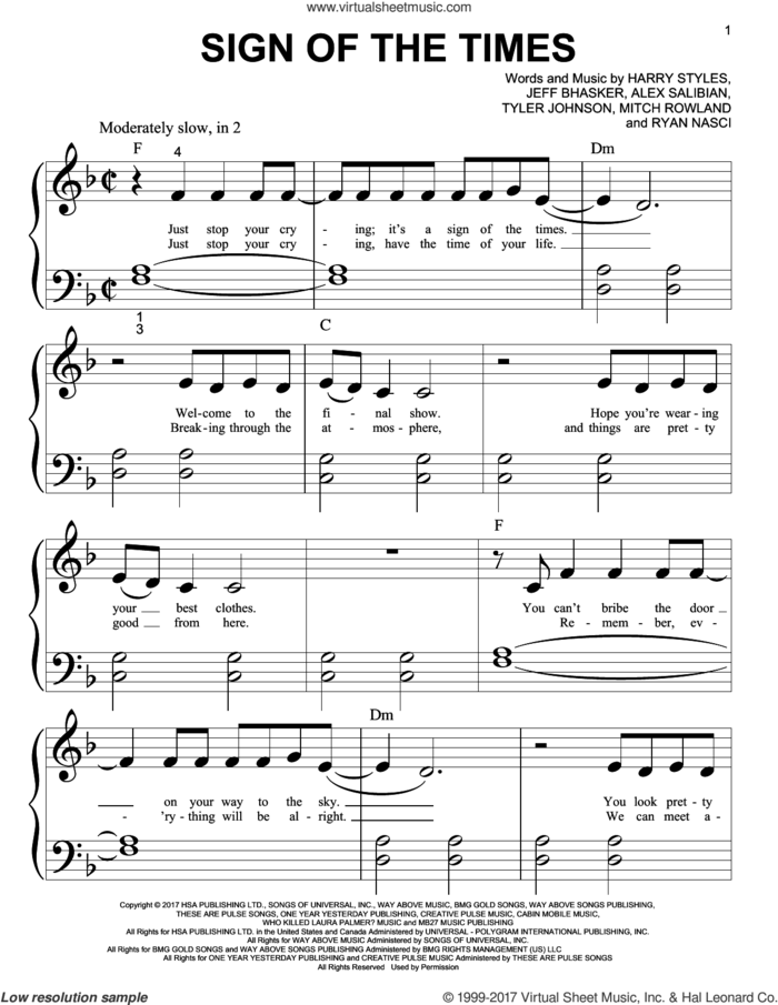 Sign Of The Times sheet music for piano solo (big note book) by Harry Styles, Alex Salibian, Jeff Bhasker, Mitch Rowland, Ryan Nasci and Tyler Johnson, easy piano (big note book)