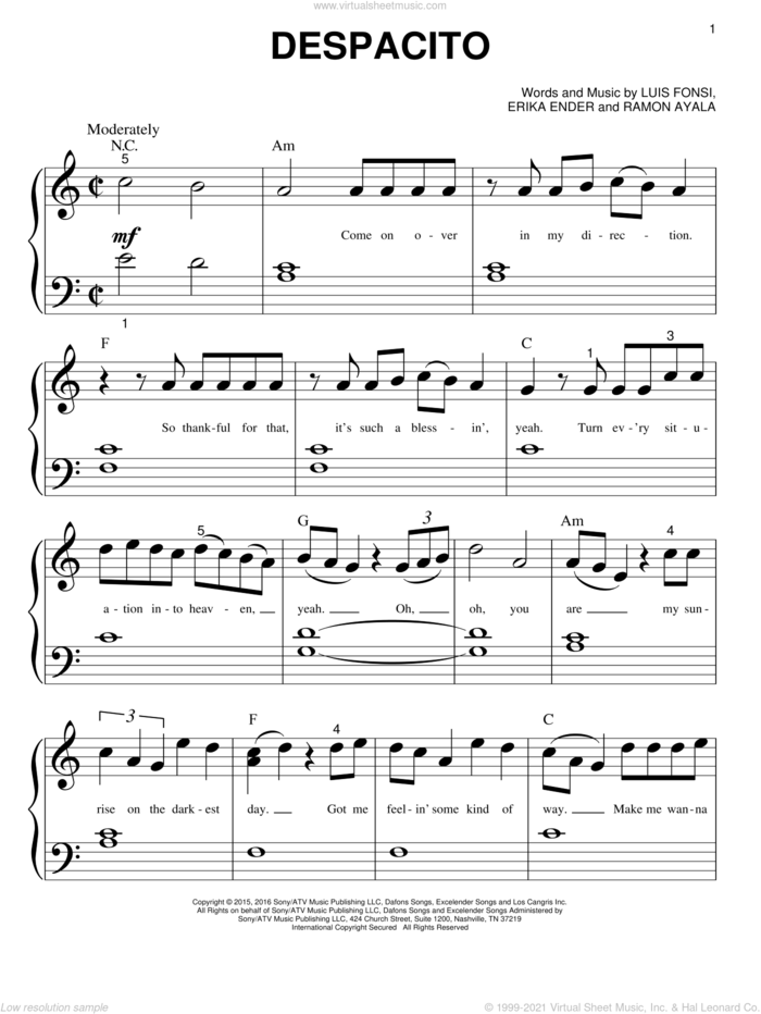 Despacito sheet music for piano solo (big note book) by Luis Fonsi & Daddy Yankee feat. Justin Bieber, Erika Ender, Luis Fonsi and Ramon Ayala, easy piano (big note book)