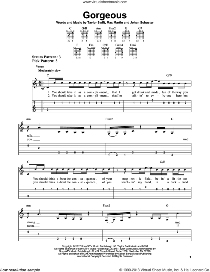 Gorgeous sheet music for guitar solo (easy tablature) by Taylor Swift, Johan Schuster and Max Martin, easy guitar (easy tablature)