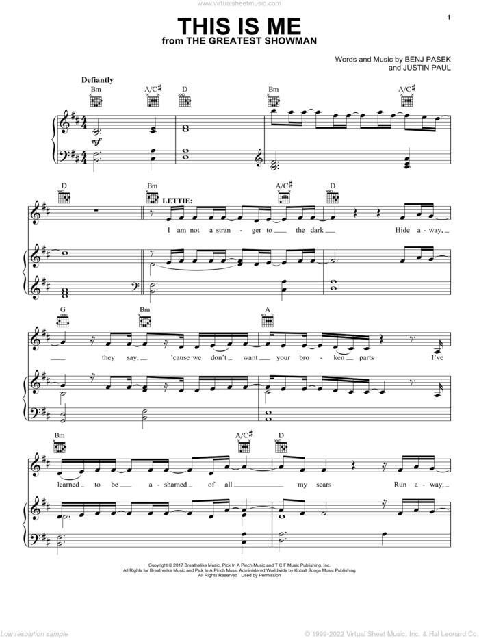 This Is Me (from The Greatest Showman) sheet music for voice, piano or guitar by Pasek & Paul, Benj Pasek and Justin Paul, intermediate skill level