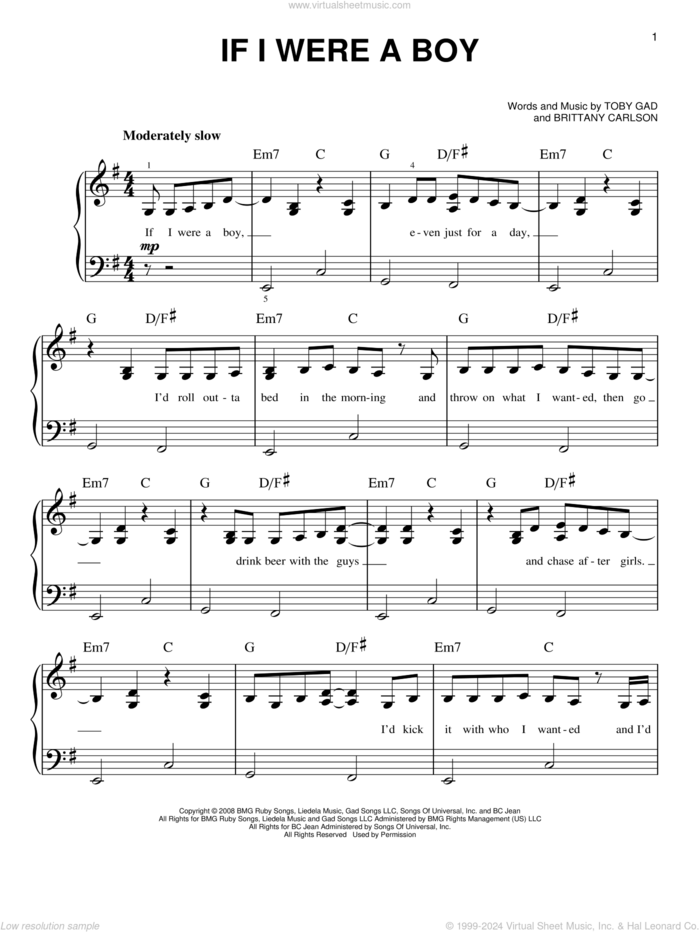 If I Were A Boy, (easy) sheet music for piano solo by Beyonce, Reba, Brittany Carlson and Toby Gad, easy skill level