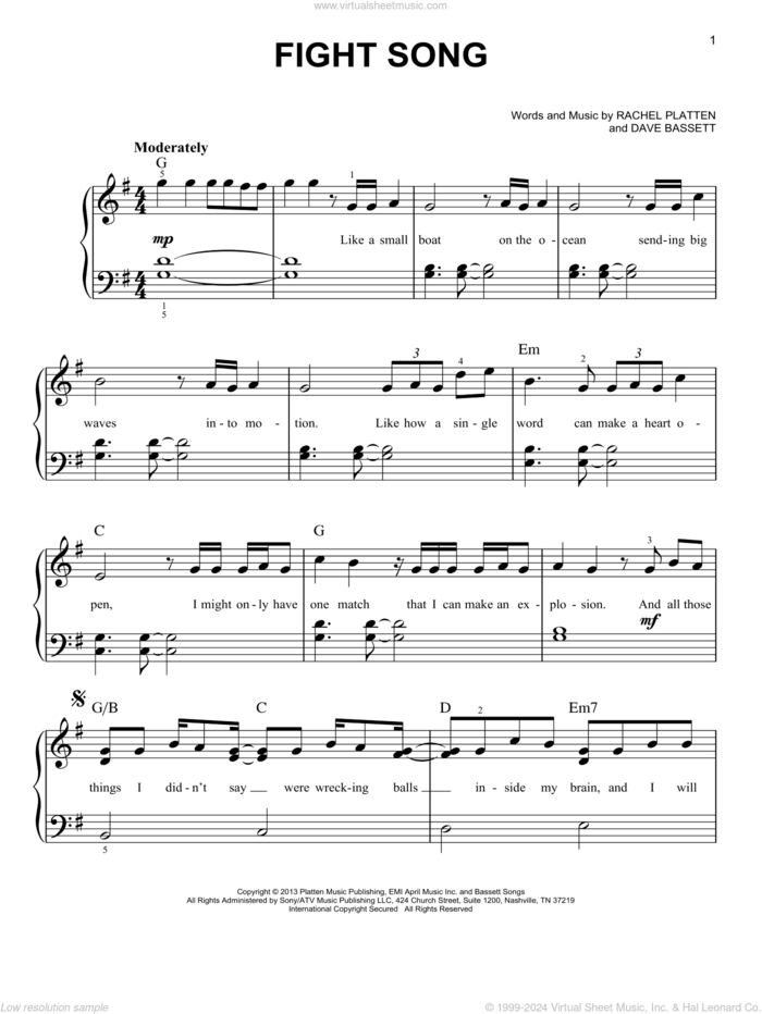 Fight Song, (easy) sheet music for piano solo by Rachel Platten and Dave Bassett, easy skill level