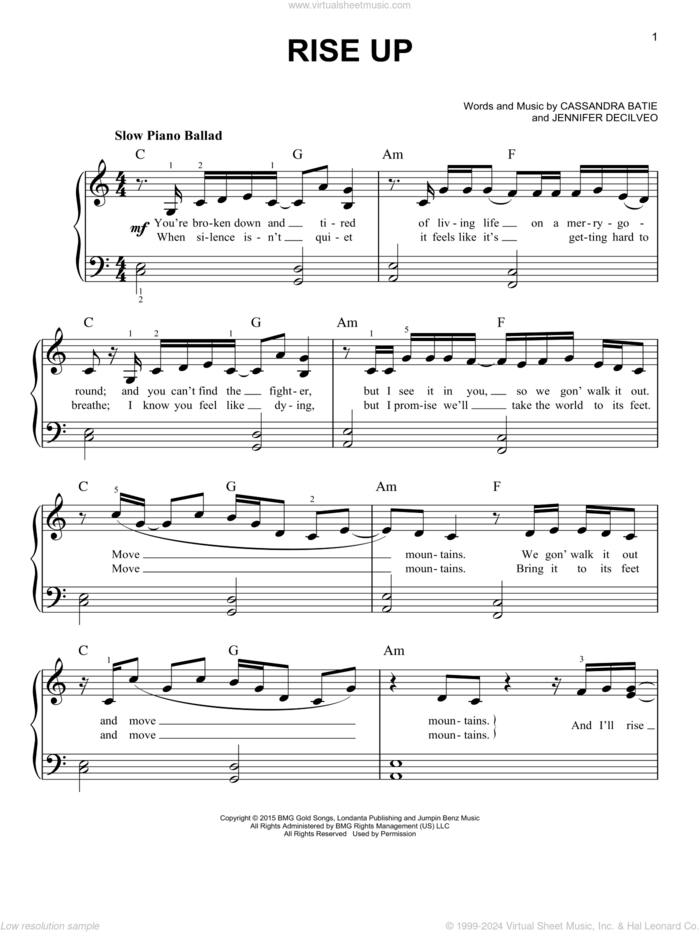 Rise Up, (easy) sheet music for piano solo by Andra Day, Cassandra Batie and Jennifer Decilveo, easy skill level
