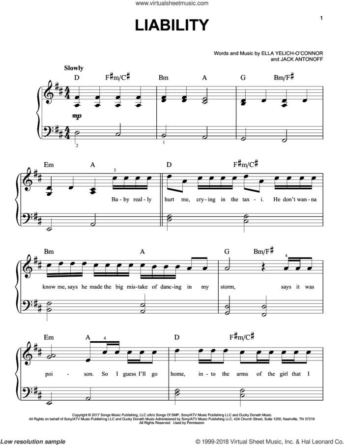 Liability sheet music for piano solo by Lorde and Jack Antonoff, easy skill level