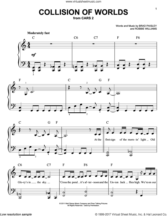 Collision Of Worlds sheet music for piano solo by Brad Paisley and Robbie Williams, easy skill level