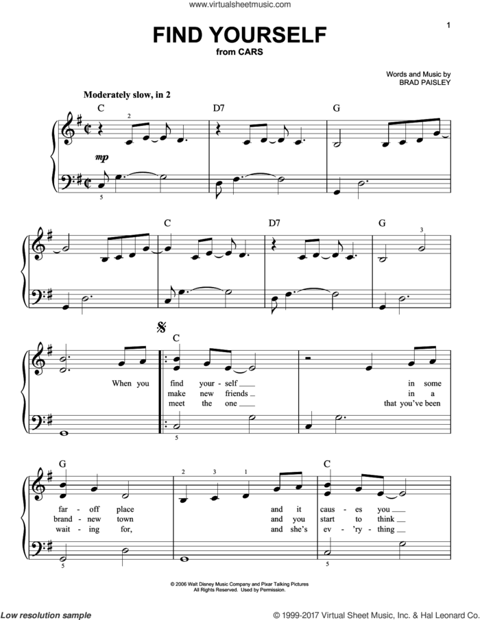 Find Yourself (from Cars) sheet music for piano solo by Brad Paisley, easy skill level