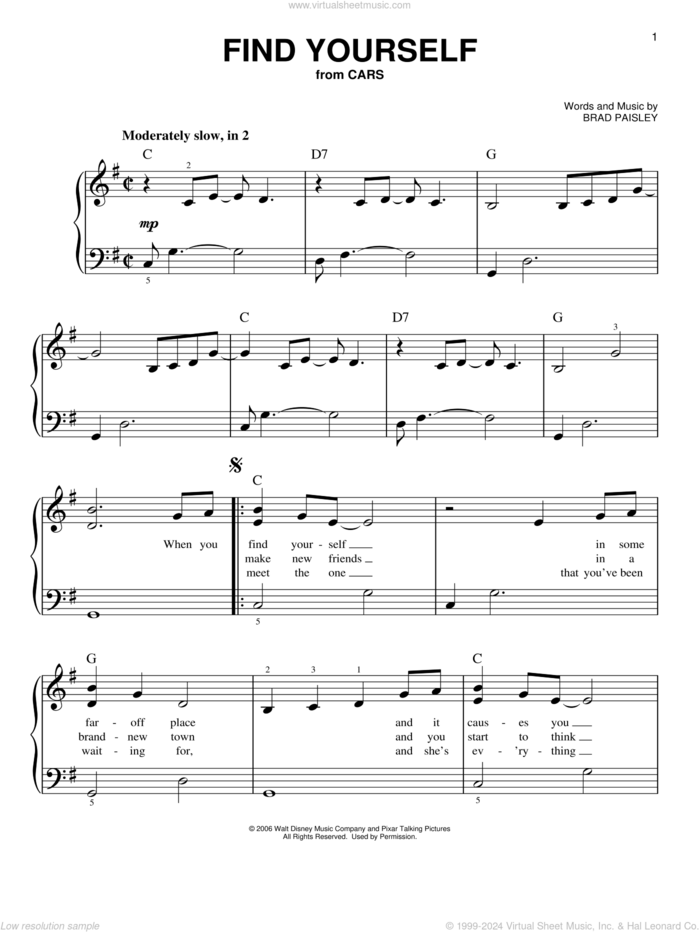 Find Yourself (from Cars), (easy) sheet music for piano solo by Brad Paisley, easy skill level