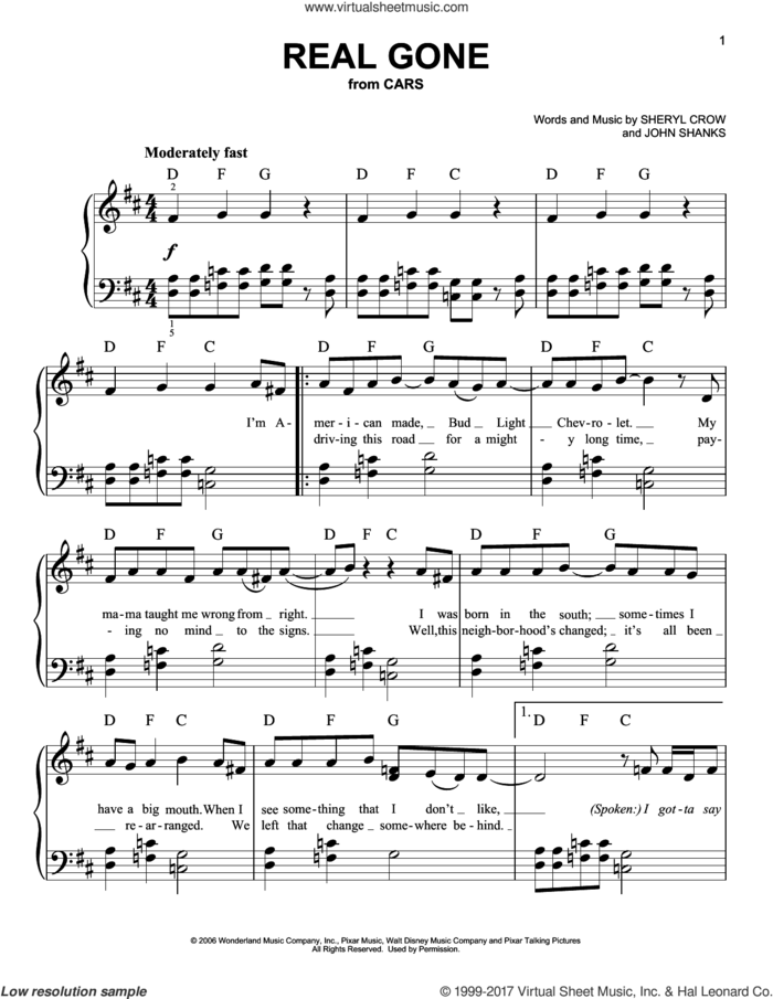 Real Gone (from Cars) sheet music for piano solo by Sheryl Crow and John Shanks, easy skill level