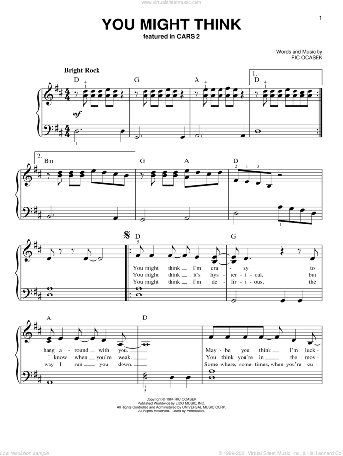 You Might Think sheet music for piano solo by Weezer, The Cars and Ric Ocasek, easy skill level