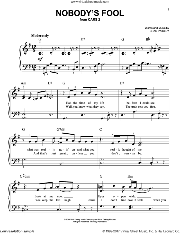 Nobody's Fool sheet music for piano solo by Brad Paisley, easy skill level