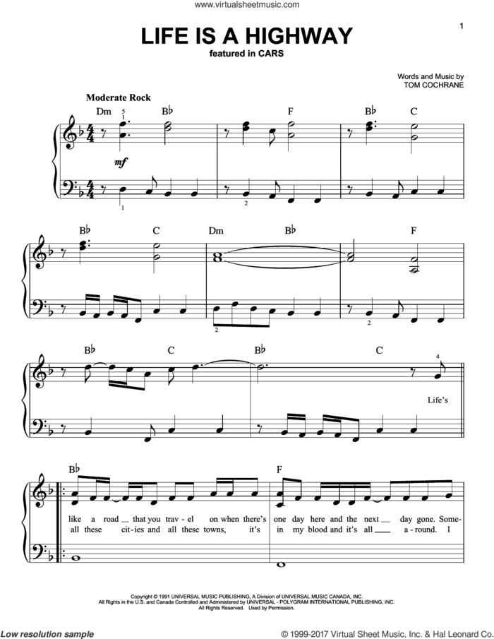 Life Is A Highway (from Cars) sheet music for piano solo by Rascal Flatts and Tom Cochrane, easy skill level