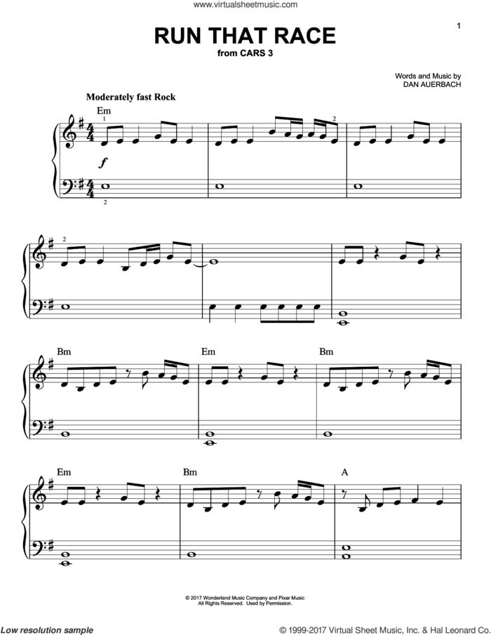 Run That Race sheet music for piano solo by Daniel Auerbach, easy skill level