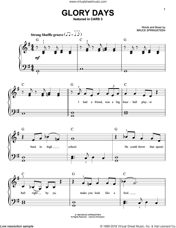 Glory Days sheet music for piano solo by Bruce Springsteen, easy skill level