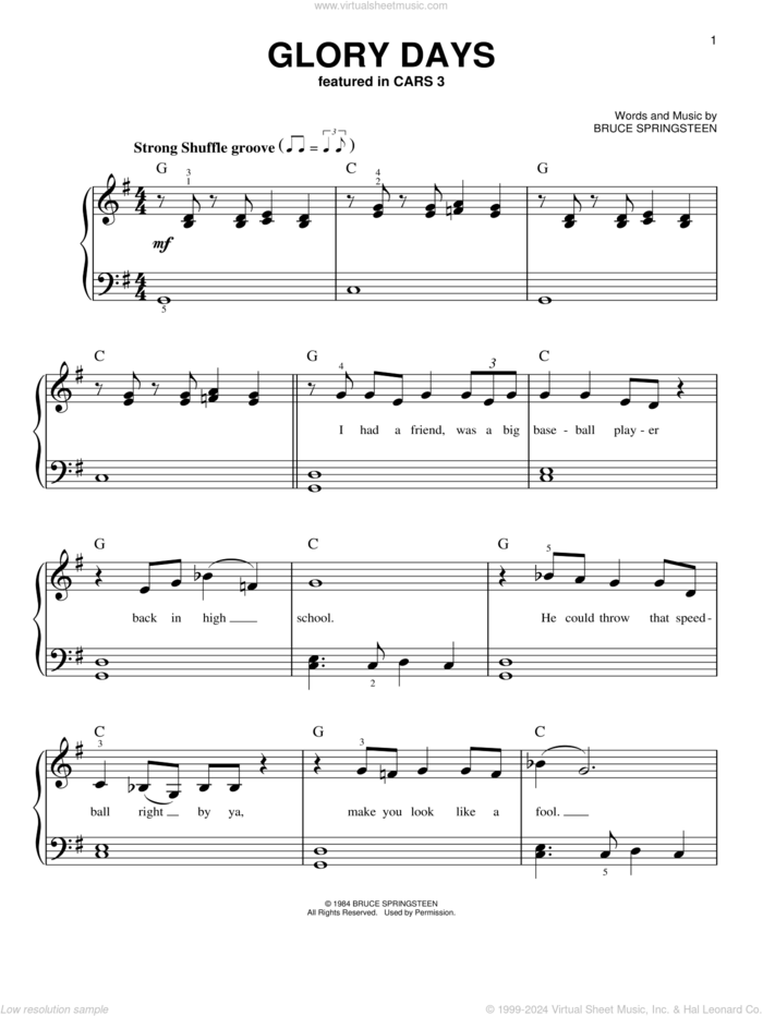 Glory Days sheet music for piano solo by Bruce Springsteen, easy skill level