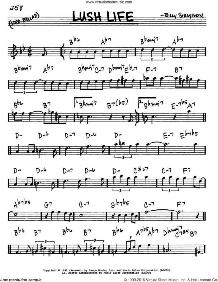 Lush Life sheet music for voice and other instruments (in Eb) by Billy Strayhorn, intermediate skill level