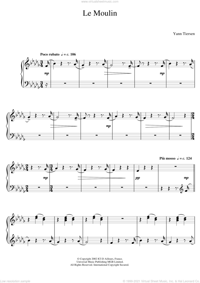 Le Moulin sheet music for piano solo by Yann Tiersen, classical score, intermediate skill level
