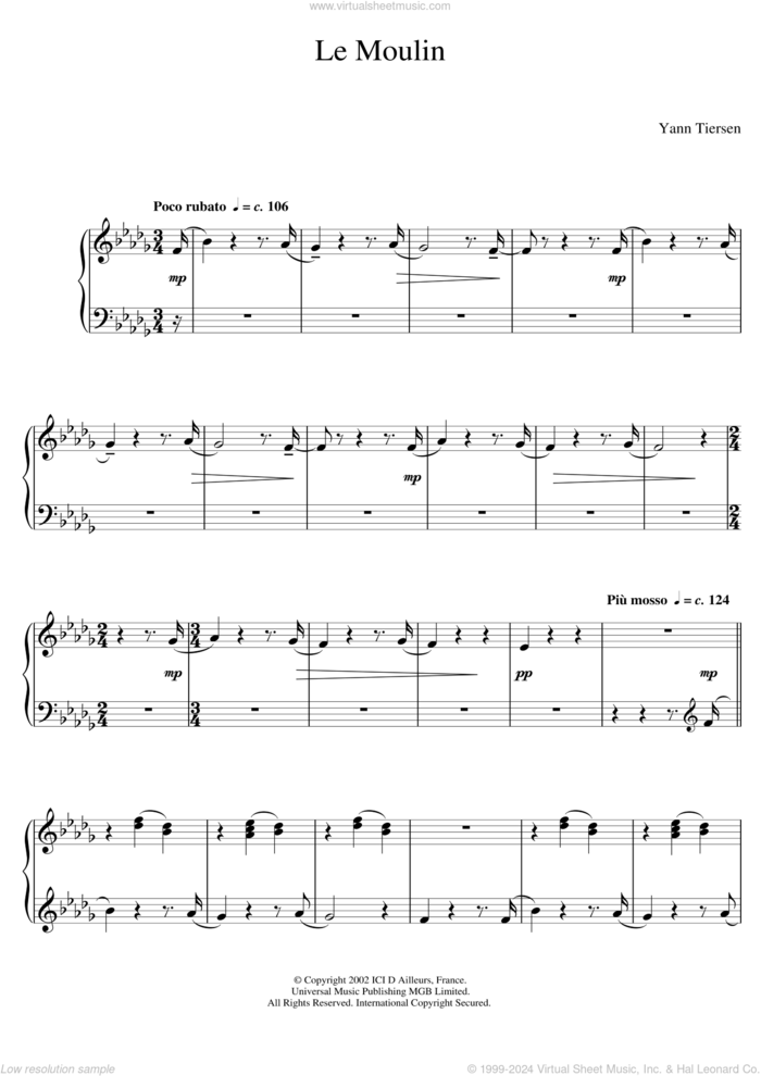 Le Moulin sheet music for piano solo by Yann Tiersen, classical score, intermediate skill level