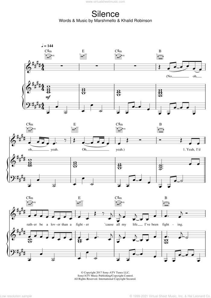 Silence (featuring Khalid) sheet music for voice, piano or guitar by Marshmello, Khalid and Khalid Robinson, intermediate skill level