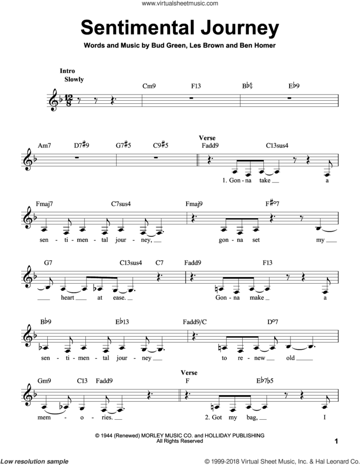 Sentimental Journey sheet music for voice solo by Bud Green, Ben Homer and Les Brown, intermediate skill level