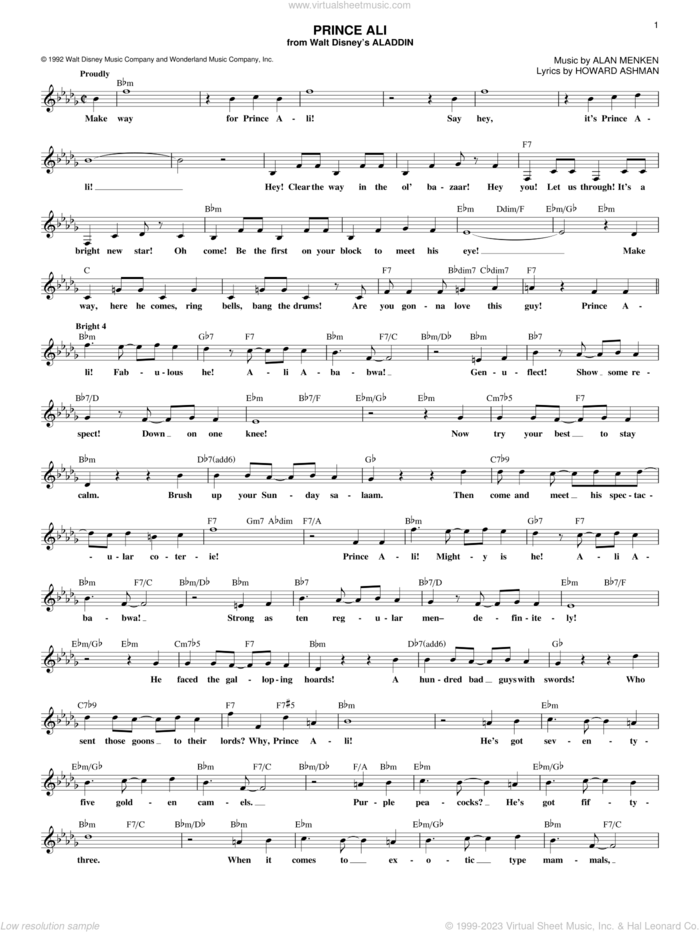 Prince Ali (from Aladdin) sheet music for voice and other instruments (fake book) by Alan Menken and Howard Ashman, intermediate skill level