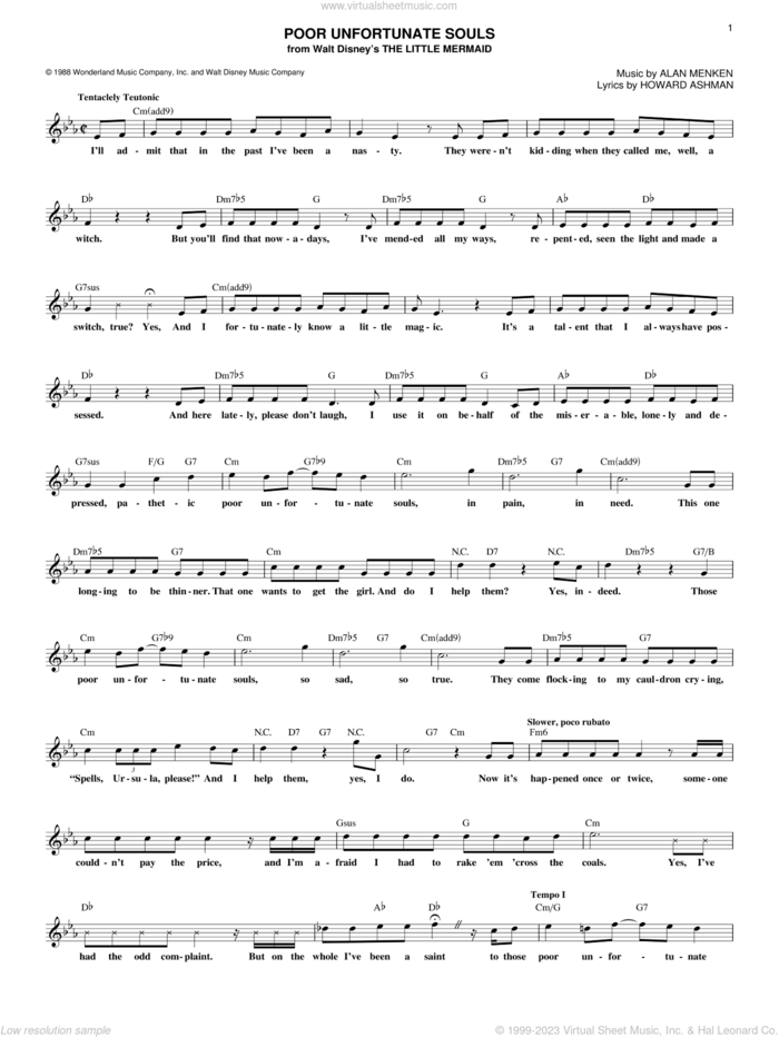 Poor Unfortunate Souls (from The Little Mermaid) sheet music for voice and other instruments (fake book) by Alan Menken and Howard Ashman, intermediate skill level