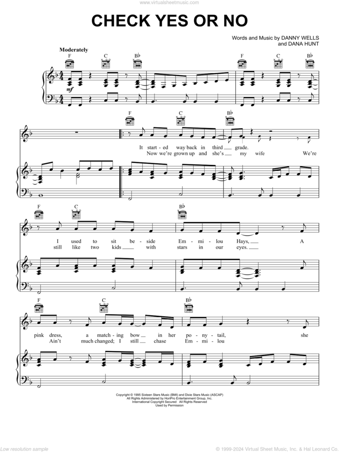Check Yes Or No sheet music for voice, piano or guitar by George Strait, Dana Hunt and Danny Wells, intermediate skill level